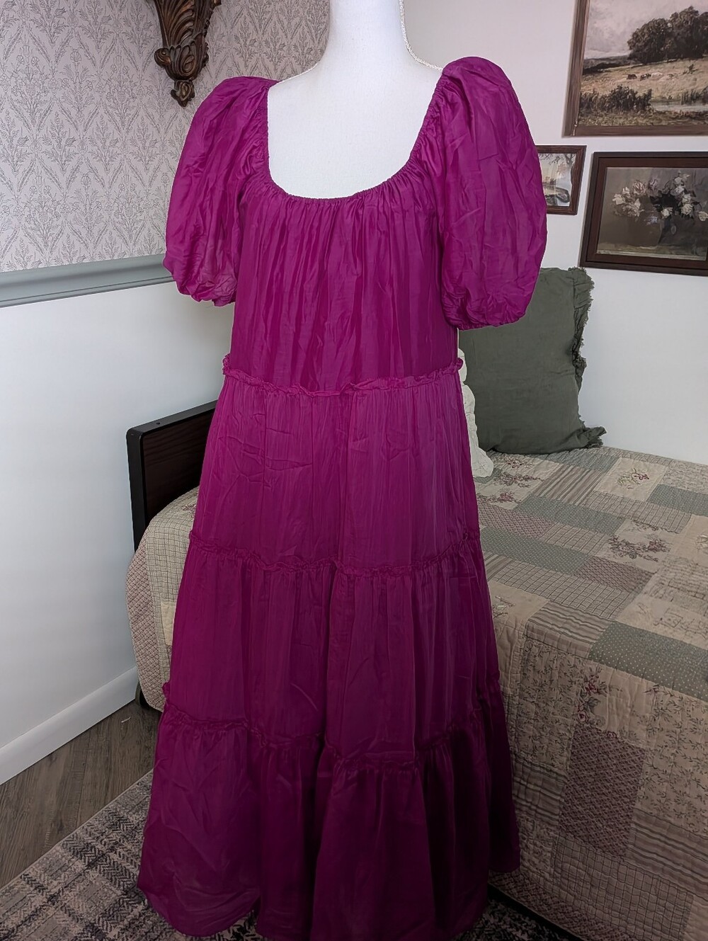 Antonio Melani Cotton Silk Tiered Puff Sleeve Midi Dress M Cottagecore Romantic